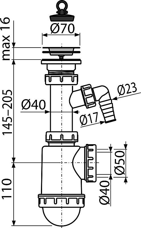 Alcadrain A441P sifon dřezový DN50/40 s přípojkou