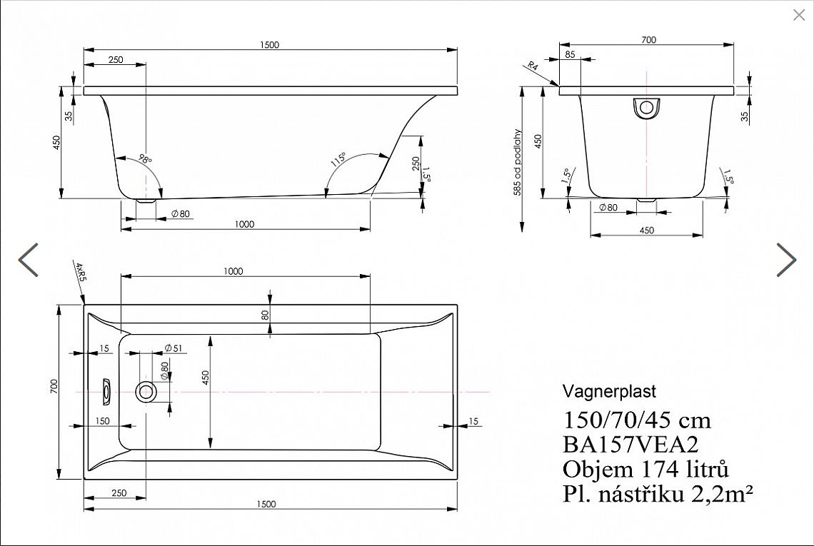 VAGNERPLAST LINOS vana 150x70x45 cm, akrylátová, VPBA157LIN2N-04