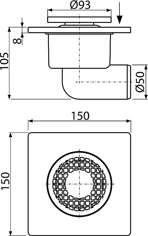 Alcadrain APV3 podlahová vpusť 150x150/50 - boční