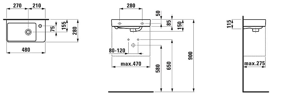 LAUFEN PRO S H8159540001041 umývátko 48x28cm, s otvorem pro baterii, bílá