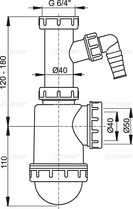 Alcadrain A443P sifon dřezový DN50/40 s přípojkou