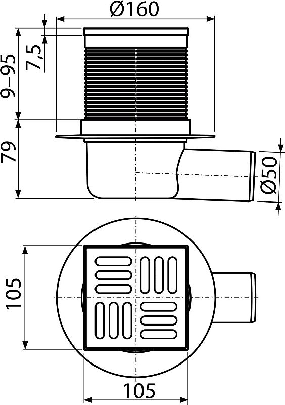 Alcadrain APV1 podlahová vpusť 105x105/50 - boční - nerez