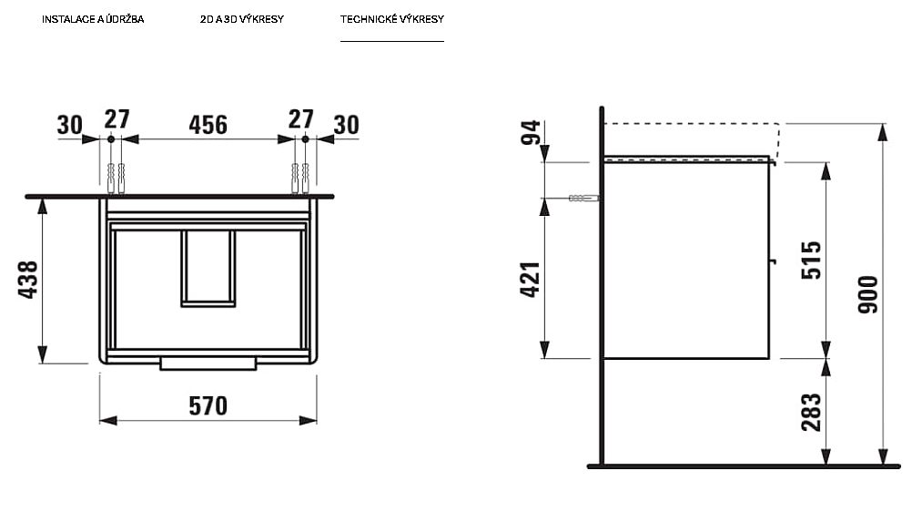 LAUFEN BASE H4022321102611 skříňka pod umyvadlo 57×53,1×43,8 cm, 2 zásuvky, pro umyvadlo Laufen Pro S H810963