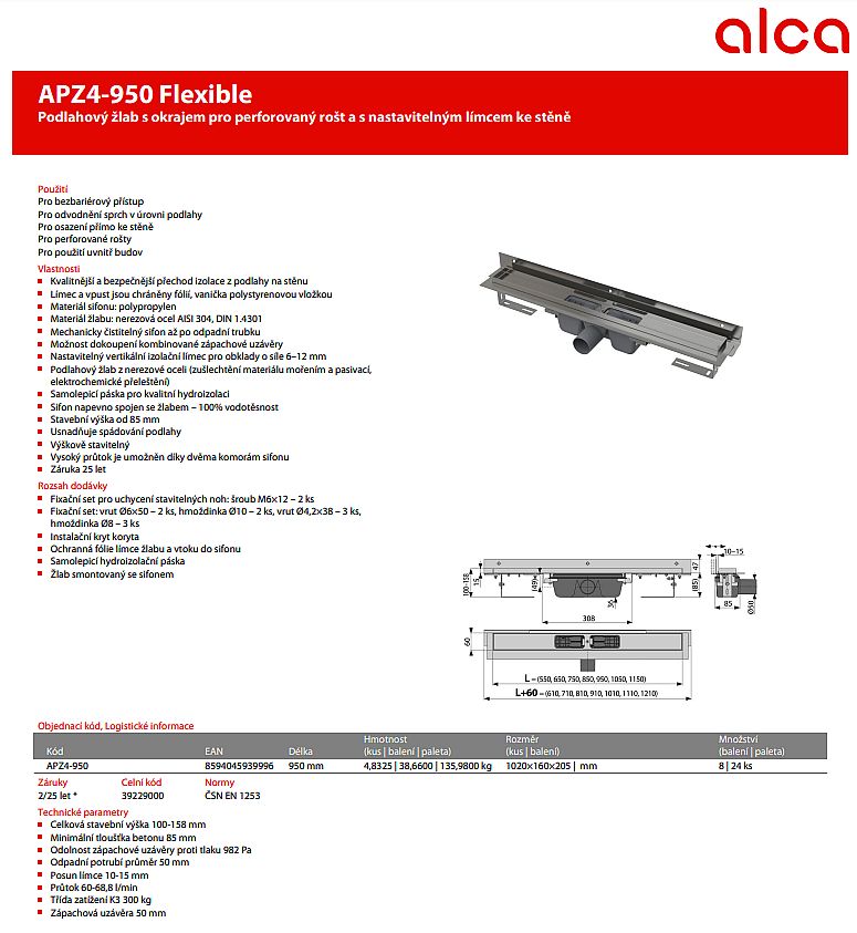 Alcadrain APZ104 750 podlahový žlab