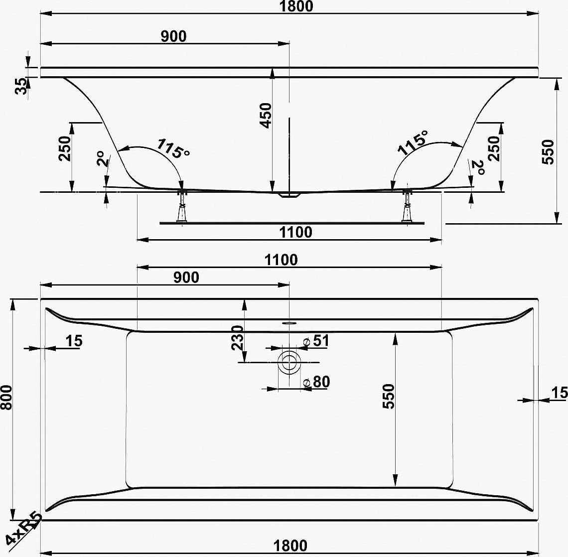 VAGNERPLAST LINOS vana 180x80x45 cm, VPBA180LIN2N-04