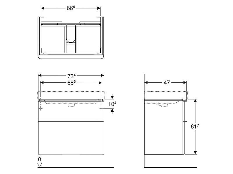 GEBERIT Smyle Square 500.353.00.1 skříňka pod umyvadlo se dvěma zásuvkami: B=73.4cm, H=61.7cm, T=47cm