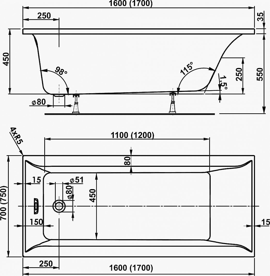 VAGNERPLAST LINOS vana 160x70x45 cm, VPBA167LIN2N-04