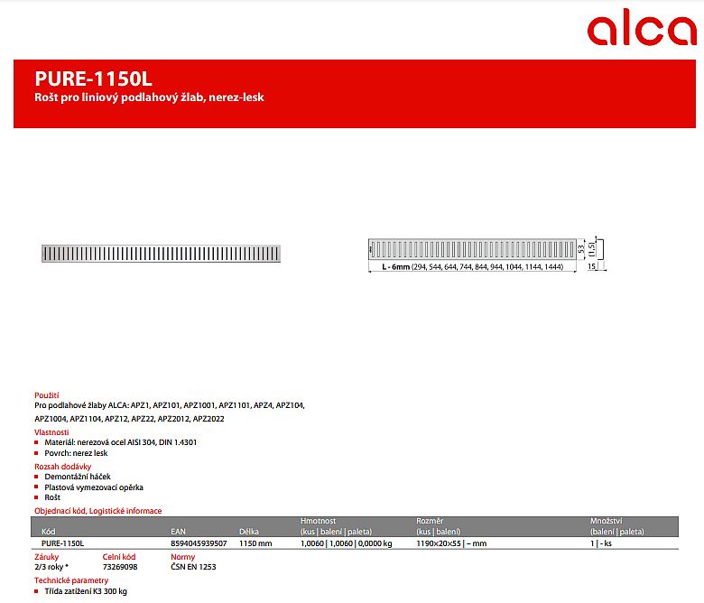 Alcadrain PURE 1150L rošt