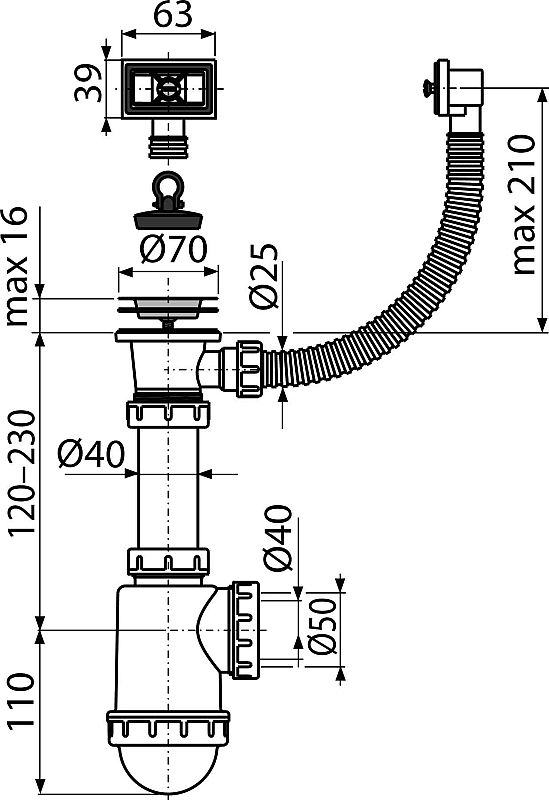 Alcadrain A444 sifon dřezový s přepadem DN50/40