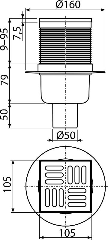 Alcadrain APV32 podlahová vpusť 105x105/50 - přímá