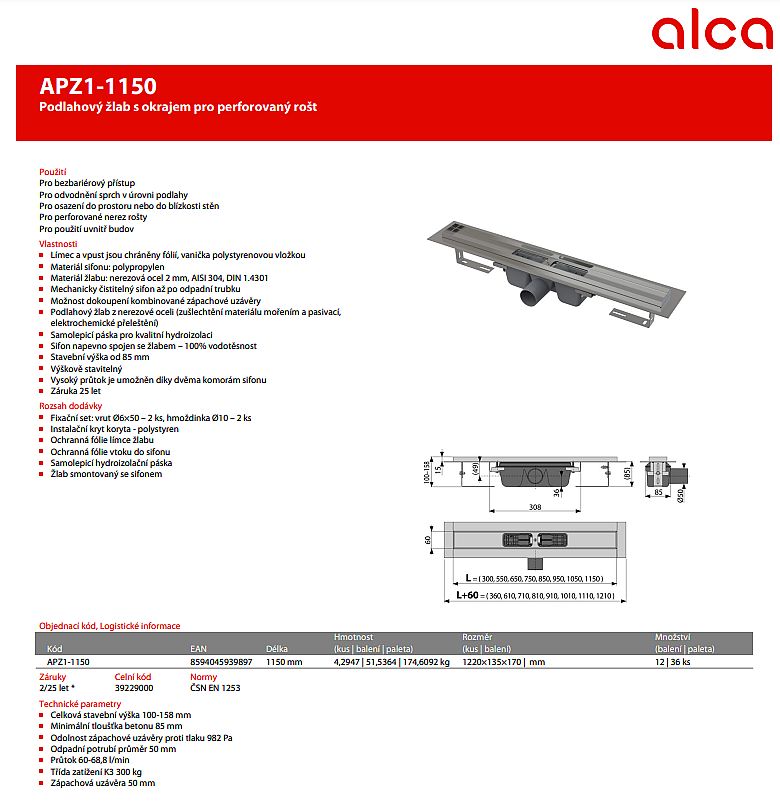 Alcadrain APZ1 1150 podlahový žlab