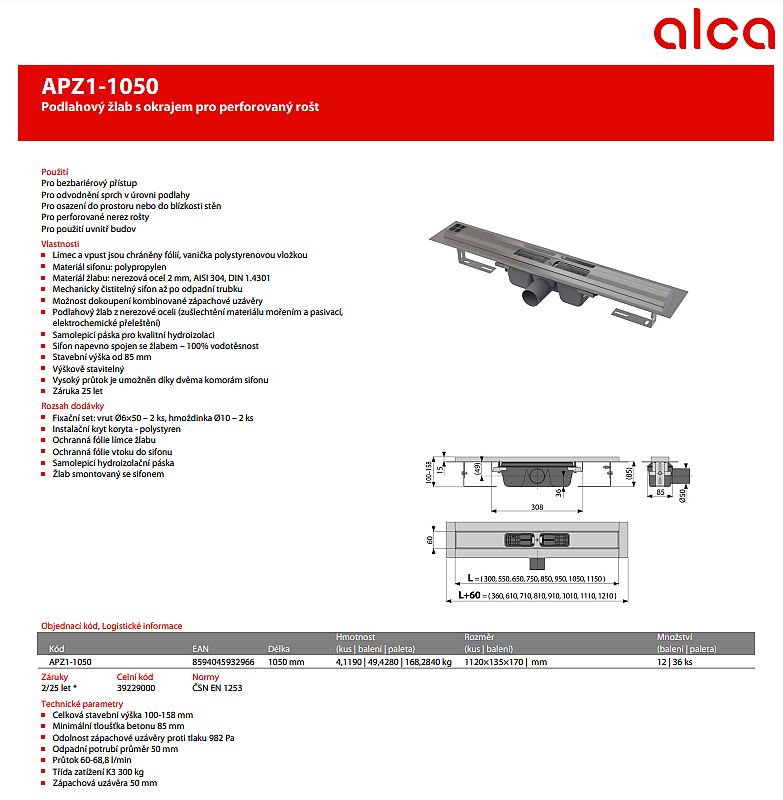 Alcadrain APZ1 1050 podlahový žlab