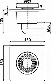 Alcadrain APV3 podlahová vpusť 150x150/50 - boční