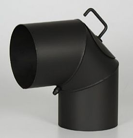 Kouřovod koleno s čistícím otvorem a klapkou 150/90st. 1,5mm, černé A97.091590
