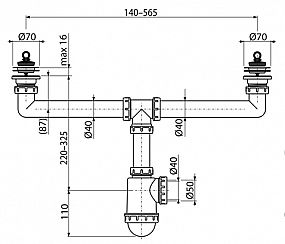 Alcadrain A449-DN50/40 sifon pro dvoudřez s nerezovými mřížkami DN70