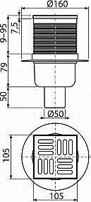 Alcadrain APV2 podlahová vpusť 105x105/50 - přímá - nerez